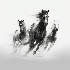 Galloping Horses on White Background. Running stallions and mares. Fast movement, wind blowing in the manes of wild beautiful mustangs. Charcoal pencil Illustration drawing on white background.
