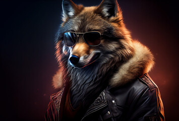 Creative wolf in a jacket and sunglasses in front studio background, AI