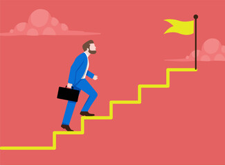 businessman climbing stairs to achieve a goal, red background, concept of success and hard work.