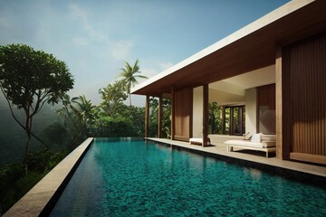 Fototapeta premium Luxury with tropical Jungle villa resort luxurious swimming pool. Generative AI illustration