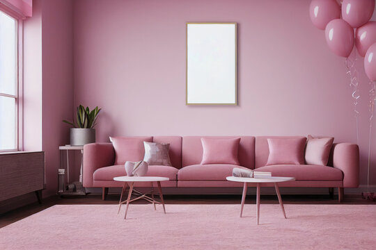 Cute Pink Modern Living Room Interior with Pink Balloons Couch Made with Generative AI