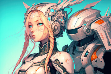 Fototapeta na wymiar manga style robots. futuristic science fiction anime art. Cyborg representation. Space Android. An illustration of technology. Generative AI