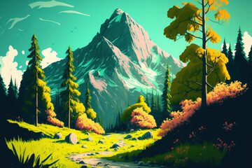 majestic mountain scenery with vibrant green foliage. Generative AI