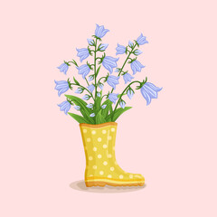 Bouquet of bluebell flowers in yellow rain boot. Spring composition for Women's Day, Mother's Day, Valentine's Day and other holidays. Spring floral design isolated vector illustration.