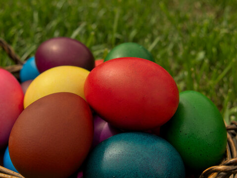 A close up shot of colorful Easter eggs in a wicker basket stand on the grass. Shallow depth of field