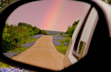 Texas in rear view mirror bluebonnets rainbow
