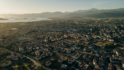 Fethiye landscape and cityscape, aerial view of Fethiye and the Bay of the Mediterranean sea, Turkey.