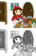 cartoon little girl kid in wooden house in red hood illustration for children