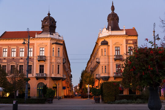 Impressive architecture of Debrecen streets at sunset, Hungary