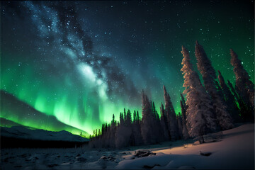 Northern Lights, aurora borealis, polar lights, brillian lights. Wallpaper, background. Generative AI.