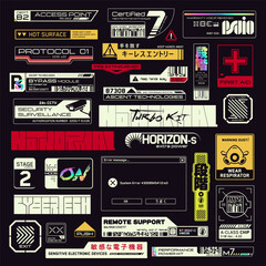 Cyberpunk decals set. Set of vector stickers and labels in futuristic style. Inscriptions and symbols, Japanese hieroglyphs for sensitive electronic devices, keyless entry, step.