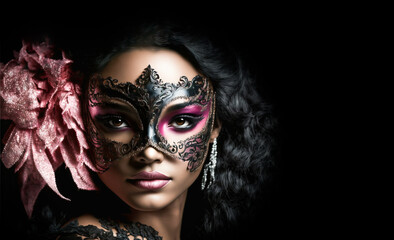 Beautiful dark model woman wearing a pink venetian masquerade mask with black background makes eye contact. Cosplay, Venetian mask. Mardi Gras Mask, AI generative
