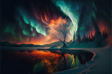 Northern Lights, aurora borealis, polar lights, brillian lights. Wallpaper, background. Generative AI.