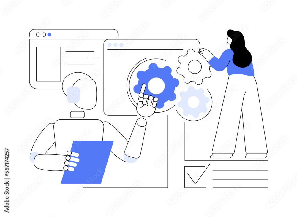 Poster collaborative robotics abstract concept vector illustration.