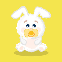 Cute white fluffy baby bunny is sitting with a pacifier. Cartoon vector illustration.