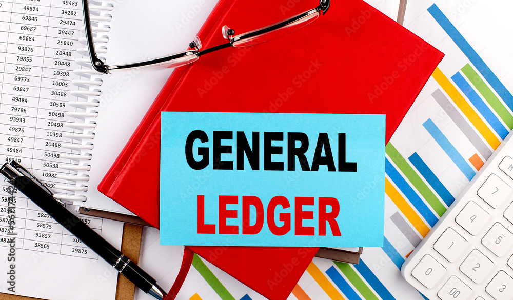 Poster general manager text on sticky on red notebook on chart background
