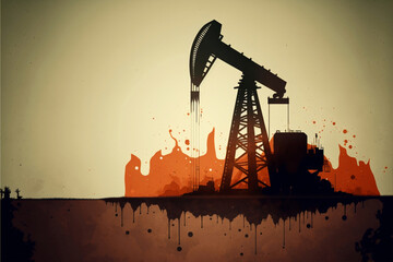 Conceptual illustration of an oil well. War for oil. Problems for the world supply of oil. Conceptual image of fuels. Pump. Silhouettes in black, brown and dark tones Oil business. Generative AI