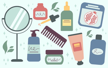 Fototapeta na wymiar Big Collection Of Beauty Products For Daily Skin Routine Vector Illustration In Flat Style
