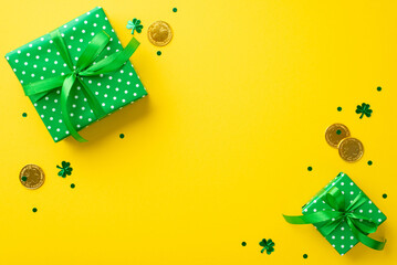 Saint Patrick's Day concept. Top view photo of green gift boxes in wrapping paper with polka dot...