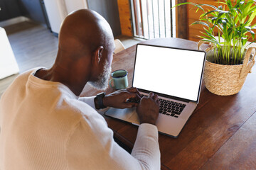 African american man using laptop with copy space screen in log cabin