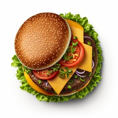 Classic cheeseburger: A juicy beef patty topped with melted cheddar cheese, fresh lettuce, juicy tomato, and tangy pickles. Generative AI