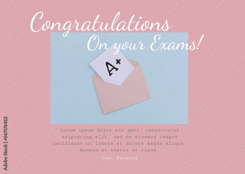 Poster Composite of envelope with a grade and congratulations on your exams text on colored background