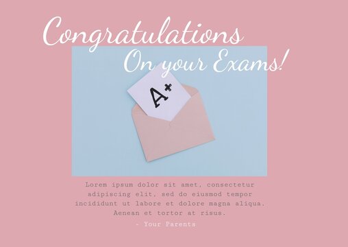 Composite of envelope with a grade and congratulations on your exams text on colored background - Powered by Adobe