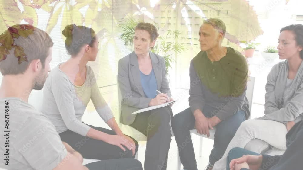 Poster Animation of leaves over diverse people participating in group therapy