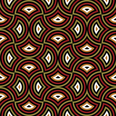 Abstract geometric seamless pattern. Tribal, ethnic wavy ornament of ocher, green, dark red, black and white colors