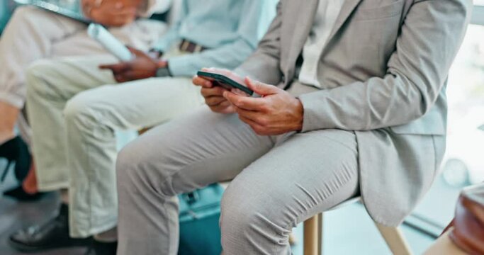 Business people, stress and interview queue with phone, cv or anxiety at recruitment for job opportunity. Corporate group, lobby or fear of human resources management, hiring and onboarding in office