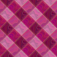 Abstract geometric seamless pattern. Diamond purple tiles with liquid fluid wavy texture