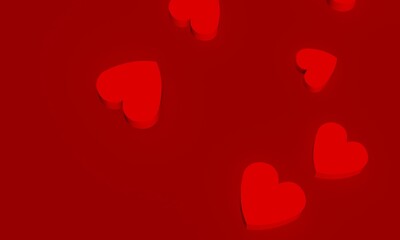 Red hearts of various sizes on pure red background. 3D illustration. 3D CG. 3D illustration.