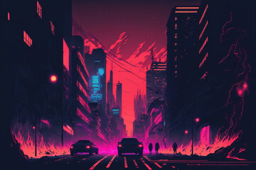 In a cyberpunk city, it is a bright neon night. futuristic urban setting. Future looking city with neon lights. Urban grunge wallpaper, illustration. Generative AI