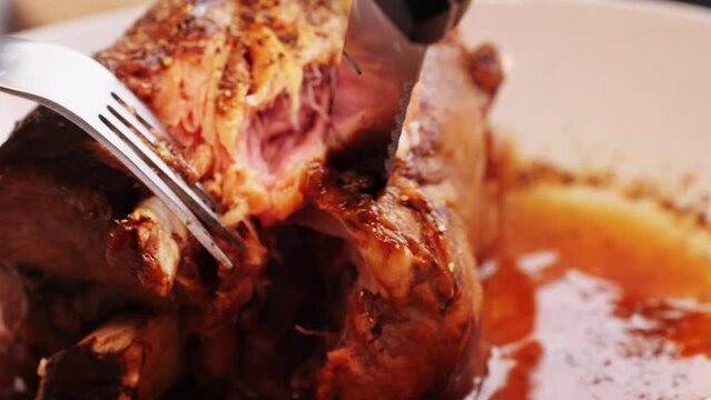 Roasted pork knee on dish, traditional czech republic food, German pulled pork.