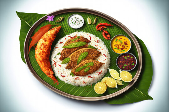 Indian Fish Platter or thali Popular sea food, Non vegetarian meal from Mumbai, Konkan, Maharashtra, Goa, Bengal, Kerala served in a steel plate or over banana leaf. Generative AI