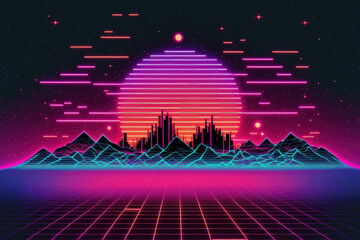 Illustration of a synthwave wireframe network. digital background that is abstract. 80s, 90s Cyber grid with a retro futuristic feel. surface top and bottom. blazing neon signs. Starry night sky