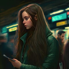 Girl checking cell phone in subway. Generative AI.