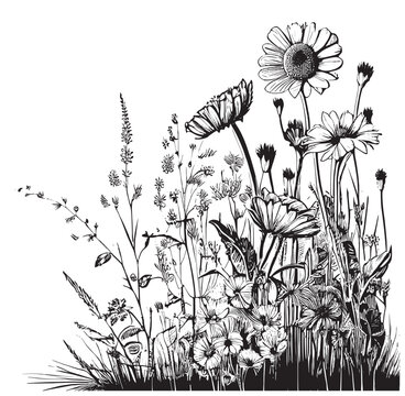 Part of field wild flowers sketch hand drawn sketch in doodle style Vector illustration
