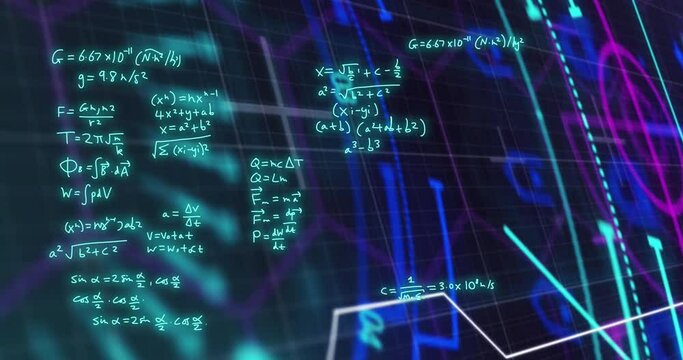 Animation of mathematical formulae and scientific data processing over black background