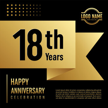 18th Anniversary template design concept with golden ribbon for anniversary celebration event, invitation card, greeting card, banner, poster, flyer, book cover. Vector Template