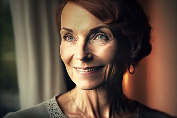 Fototapeta premium Smiling mature caucasian woman looking through a window. Generative AI