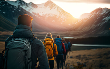 Group tourists of hiker sporty people walks in mountains at sunset with backpacks. Concept banner adventure with copy space. Generation AI - obrazy, fototapety, plakaty