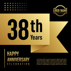 38th Anniversary template design concept with golden ribbon for anniversary celebration event, invitation card, greeting card, banner, poster, flyer, book cover. Vector Template