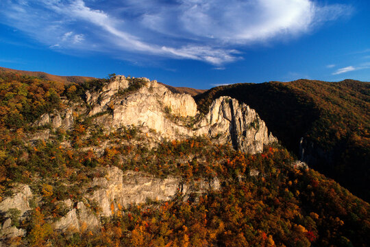 Aerial view of the tuscarora sandstone fins at Seneca Rocks, WV amidst fall colors.