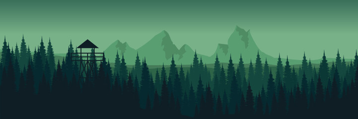 green scene mountain view with forest landscape silhouette vector illustration for wallpaper, background template, and backdrop design
