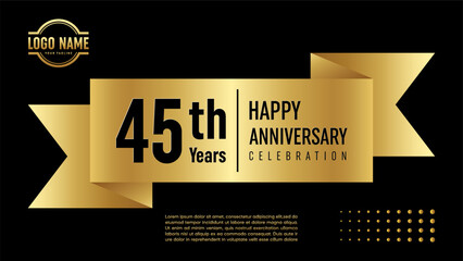 45 year anniversary. Anniversary template design concept with golden ribbon for birthday celebration event, invitation card, greeting card, banner, poster, flyer, book cover. Vector Template