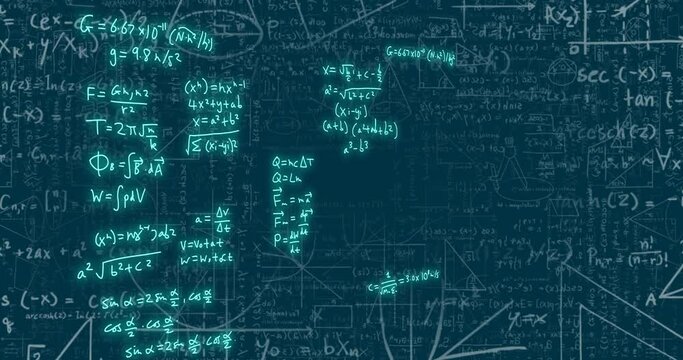 Animation of mathematical formulae and scientific data processing over black background