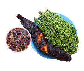 Grilled catfish and neem leaf which has blossom and sweet sauce, Thai season food / Select focus transparent png