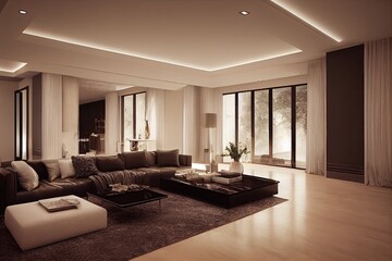 Fototapeta premium Large luxury modern elegant interiors Living room mockup. Modern style of furniture decoration. Generative AI illustration.