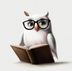 Illustration of smart looking white owl with glasses, reading a book, created with generative AI tools